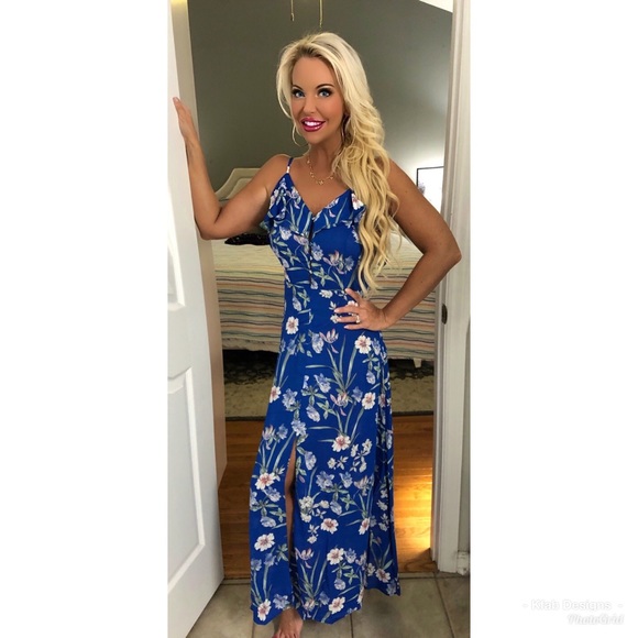 🛍Stunning! Royal Blue Ruffled Floral Maxi Dress! - Picture 3 of 5